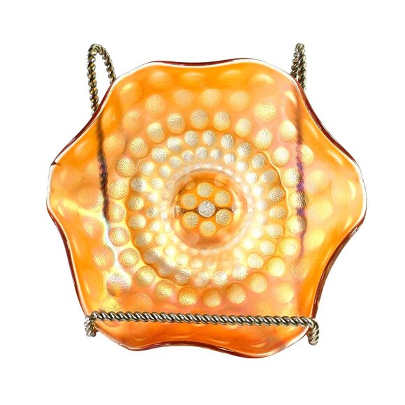 Vintage Ruffled Bowl Iridescent Marigold Carnival Glass with Raised Dot Pattern - Picture 10 of 10